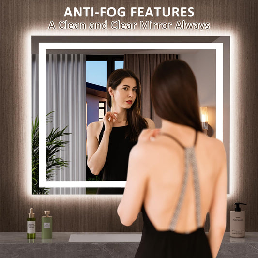 LOAAO 39.4"x31.5" LED Mirror for Bathroom, Lighted Bathroom Mirror with Lights, Anti-Fog, Dimmable, Memory Function, Easy to Install, Clear Reflection