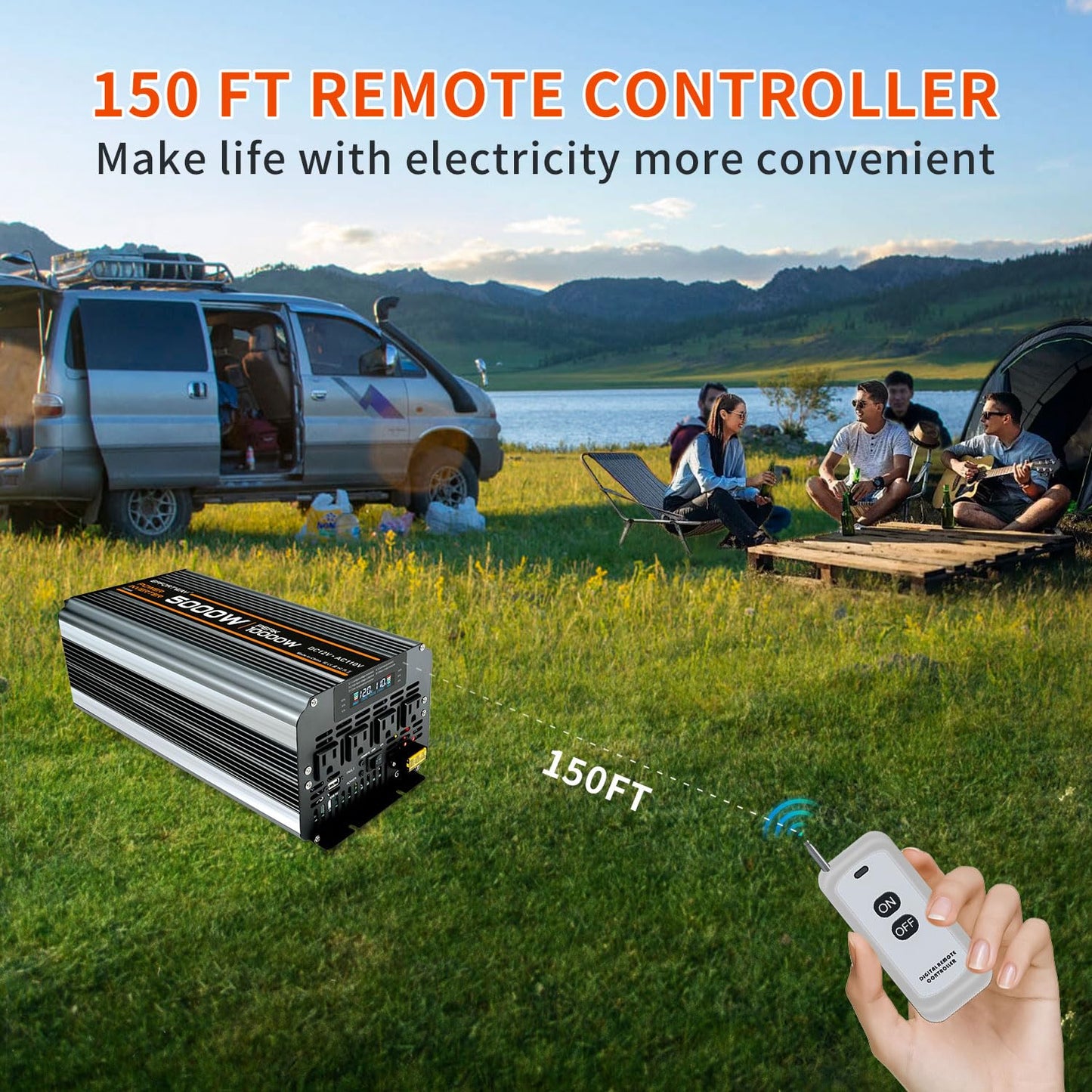 5000 watt Power Inverter DC 12V to AC 110V/120V Converter,10000w Peak.Comes with LCD Display,Wireless Controller, 4AC outlets,1USB.RV Inverter,Suitable for Camping,and Off-Grid Solar Inverter Systems