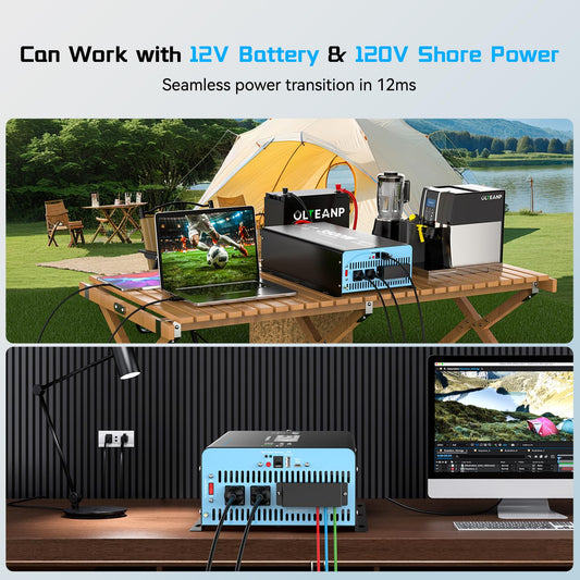 3500W Pure Sine Wave Inverter with Transfer Switch, 12V DC to 120V AC Converter with 2AC Outlets, USB Port, Type-C Port, Remote Controller, Power Inverter for RV, Outdoor, Auto Swtich to Shore Power