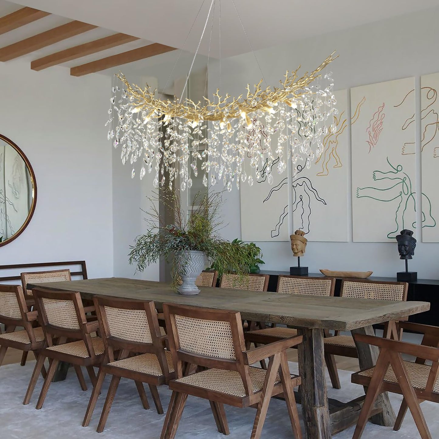 kvtinmty Modern Crystal Gold Chandelier, 55" Large Rectangular Oval Tree Branch Crystal Chandeliers for Dining Room,16-Light Flush Mount K9 Crystal Chandeliers, for Kitchen Island,Dining Room