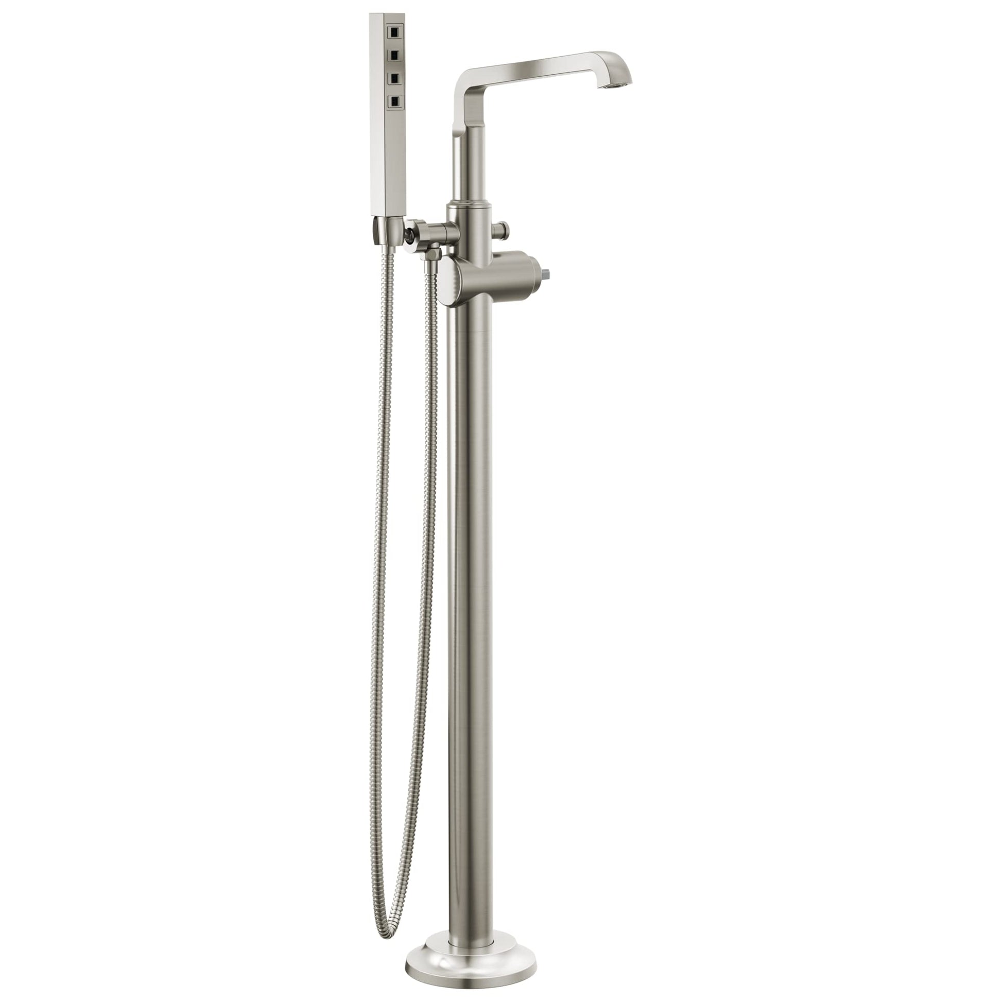 Delta Faucet Tetra Floor-Mount Freestanding Tub Filler with Hand Held Shower, Brushed Nickel Tub Faucet, Lumicoat Stainless T4789-PR-LHP-FL (Valve and Handle Not Included)