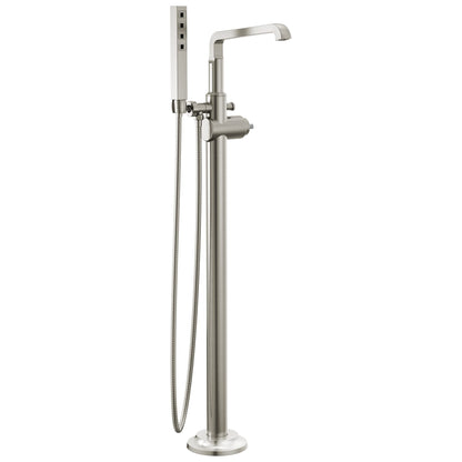 Delta Faucet Tetra Floor-Mount Freestanding Tub Filler with Hand Held Shower, Brushed Nickel Tub Faucet, Lumicoat Stainless T4789-PR-LHP-FL (Valve and Handle Not Included)