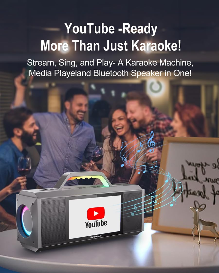 Pronext Karaoke Machine with Lyrics Display for Adults Kids, 200W Sound, 10 Inches Touch Screen, 2 Wireless Microphones, Portable Karaoke PA System, Connects to TV for Home, Party, or Backyard
