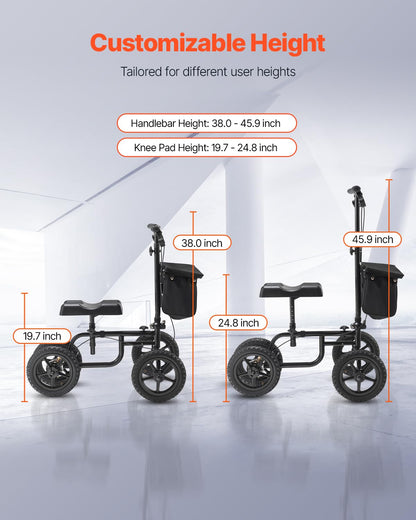 VEVOR Knee Scooter, Folding & Height-Adjustable Steerable Knee Walker, Carbon Steel Leg Recovery Scooter with 12" All-Terrain Wheels, Dual Brakes, Ideal for Broken Ankle Foot Injuries, 350LBS