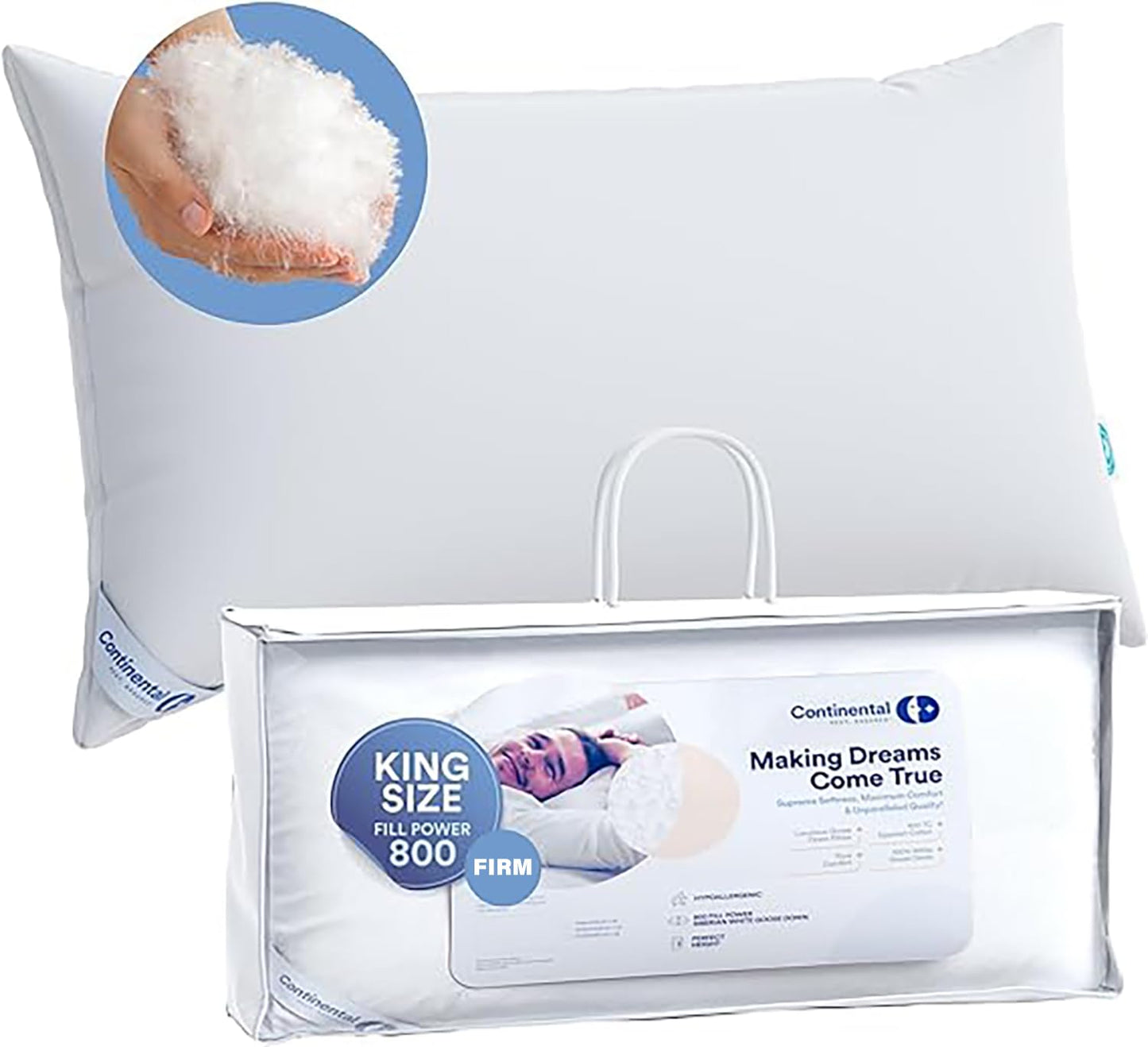 Continental Bedding 100% Siberian Goose Down Pillow 800 Fill Power, Firm, King, White
