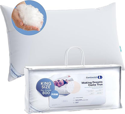 Continental Bedding 100% Siberian Goose Down Pillow 800 Fill Power, Firm, King, White
