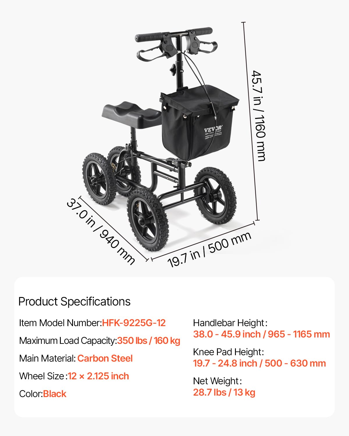 VEVOR Knee Scooter, Folding & Height-Adjustable Steerable Knee Walker, Carbon Steel Leg Recovery Scooter with 12" All-Terrain Wheels, Dual Brakes, Ideal for Broken Ankle Foot Injuries, 350LBS