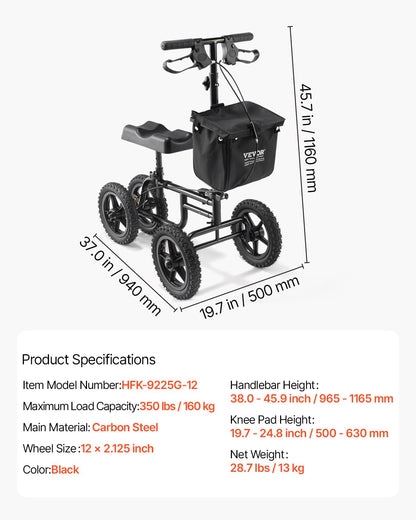 VEVOR Knee Scooter, Folding & Height-Adjustable Steerable Knee Walker, Carbon Steel Leg Recovery Scooter with 12" All-Terrain Wheels, Dual Brakes, Ideal for Broken Ankle Foot Injuries, 350LBS