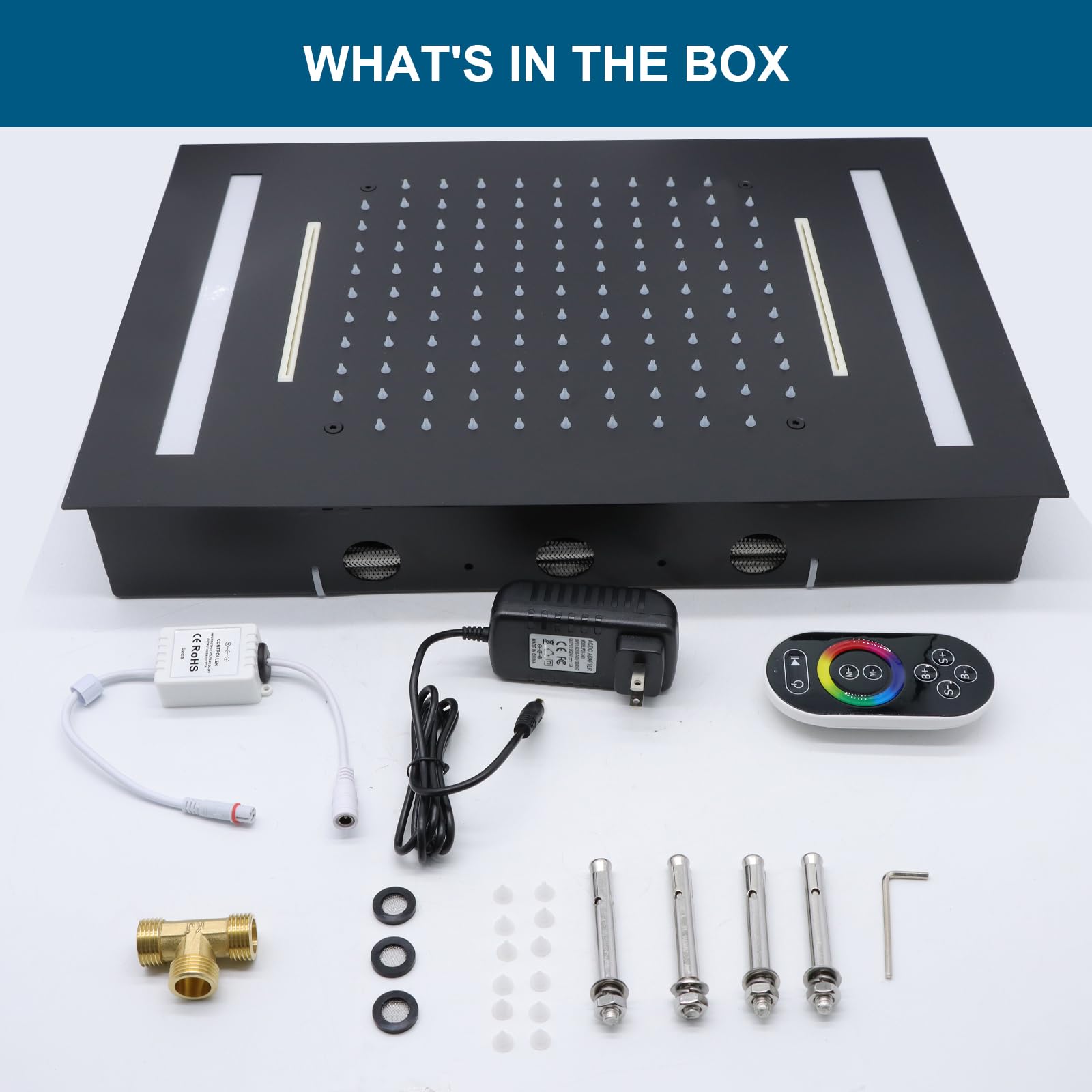 ENGA Shower System with Body Jets, 2 In 1 Functions Ceiling Mount 14x20inch LED Shower Head with 4 Body Jets, Rainfall Waterfall Shower Faucet Set, Matte Black