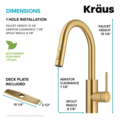 KRAUS Olettoâ„¢ Single Handle Pull Down Kitchen Faucet in Brushed Brass Finish