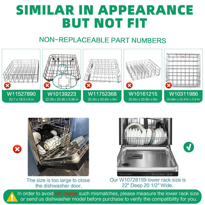 Upgraded W10728159 OEM Dishwasher Lower Rack Fit for Kitchenaid Dishwasher Rack, W10525646 W10780925 Dishwasher Rack Lower Intended for Maytag Dishwasher Parts Deep 22in Wide 20.5in 3-Year Service