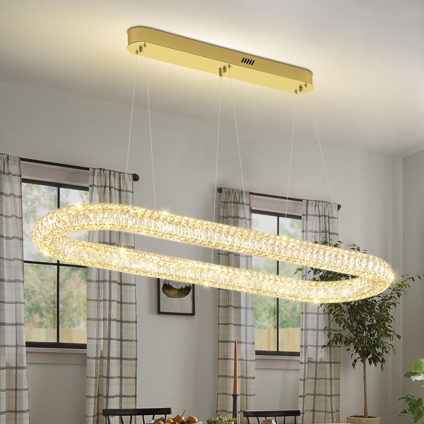 Oval Crystal Chandelier, 47.2'' Gold Crystal Ring Pendant Light for Kitchen Island Modern Linear Oval Chandeliers for Dining Room Dimmable 3000K-6000K