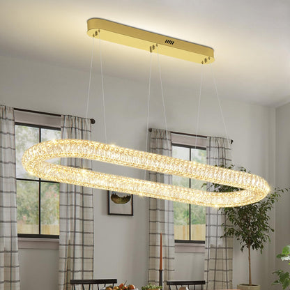 Oval Crystal Chandelier, 47.2'' Gold Crystal Ring Pendant Light for Kitchen Island Modern Linear Oval Chandeliers for Dining Room Dimmable 3000K-6000K