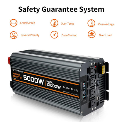 5000 watt Power Inverter DC 12V to AC 110V/120V Converter,10000w Peak.Comes with LCD Display,Wireless Controller, 4AC outlets,1USB.RV Inverter,Suitable for Camping,and Off-Grid Solar Inverter Systems