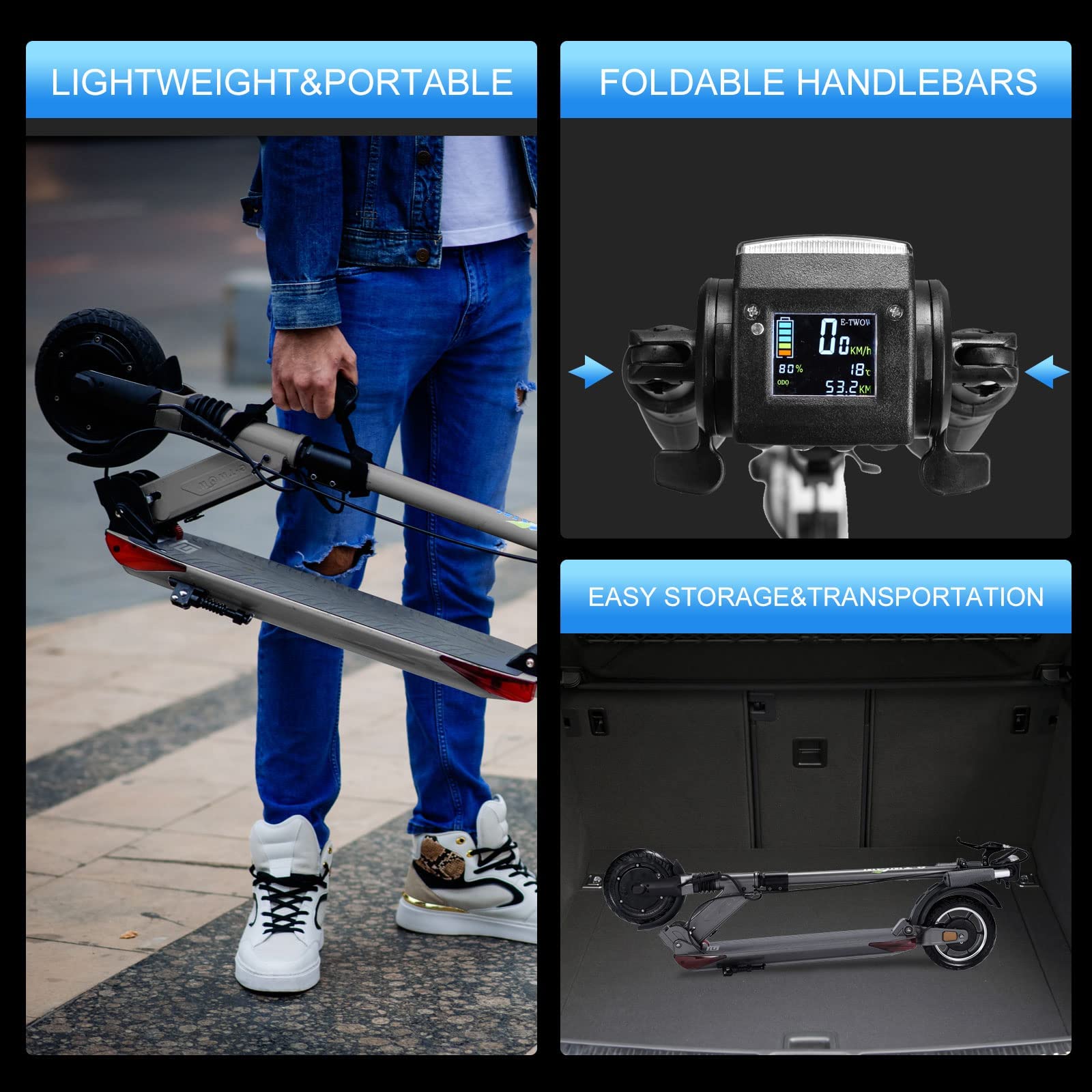 E-TWOW GT SE Electric Scooter, 31 Mile Range, 25 MPH Max Speed, 275lbs Max Load, Adjustable Handlebar Height, Lightweight(29lbs) and Foldable, Great for Commuting, UL Certified