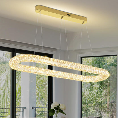 Oval Crystal Chandelier, 47.2'' Gold Crystal Ring Pendant Light for Kitchen Island Modern Linear Oval Chandeliers for Dining Room Dimmable 3000K-6000K
