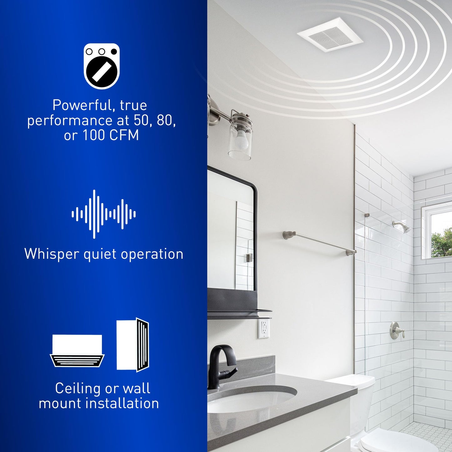 Panasonic WhisperValue Ceiling/Wall Mount Bathroom Exhaust Fan, 50-80-100 CFM, FV-0510VS1
