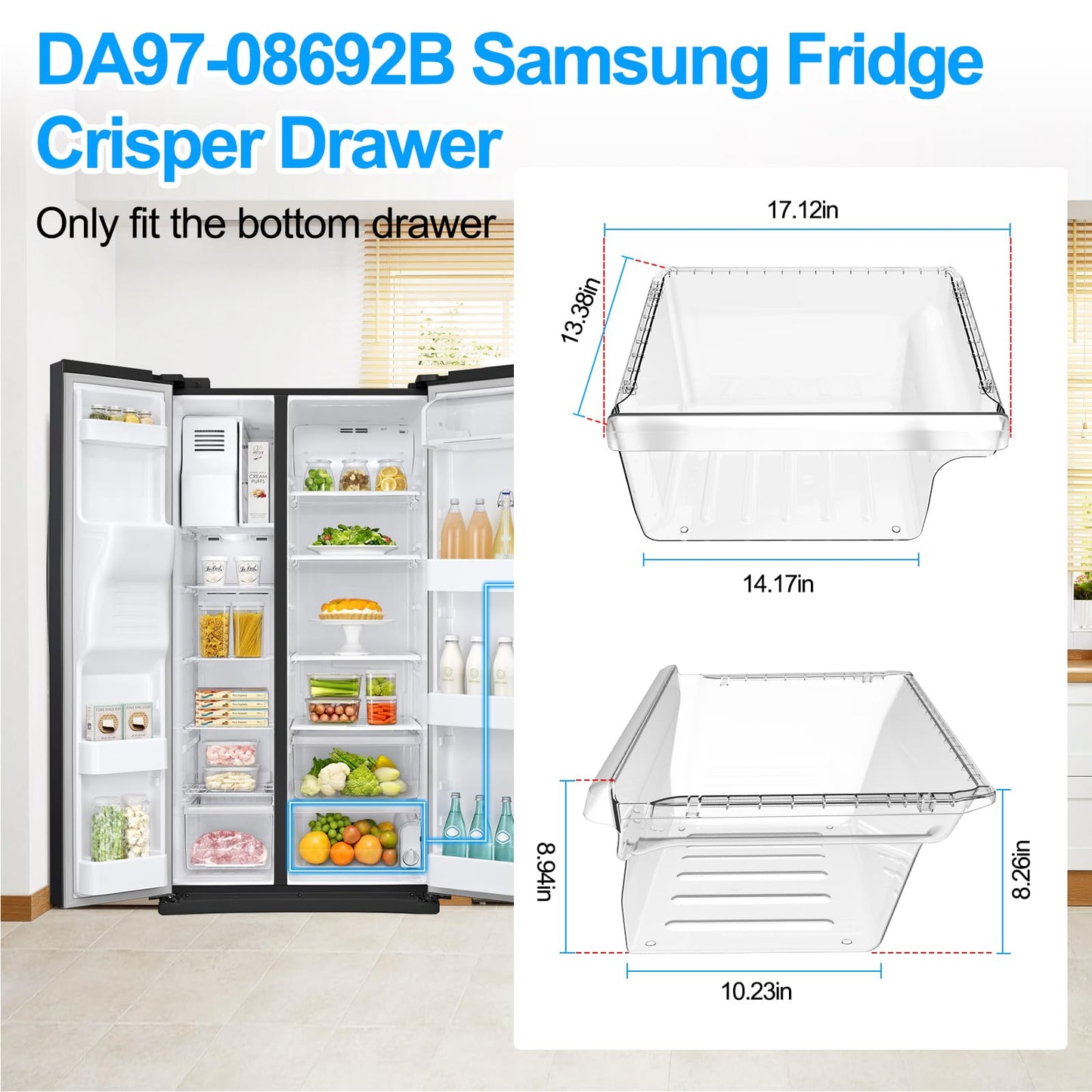 UPGRADED DA97-08692B Refrigerator Crisper Drawer Bin Compatible with Samsung Refrigerator Drawer Replacement RS25J500DSR RS25J500DSG RS25H5000SR DA97-08692A for Samsung Fridge Drawer Bottom