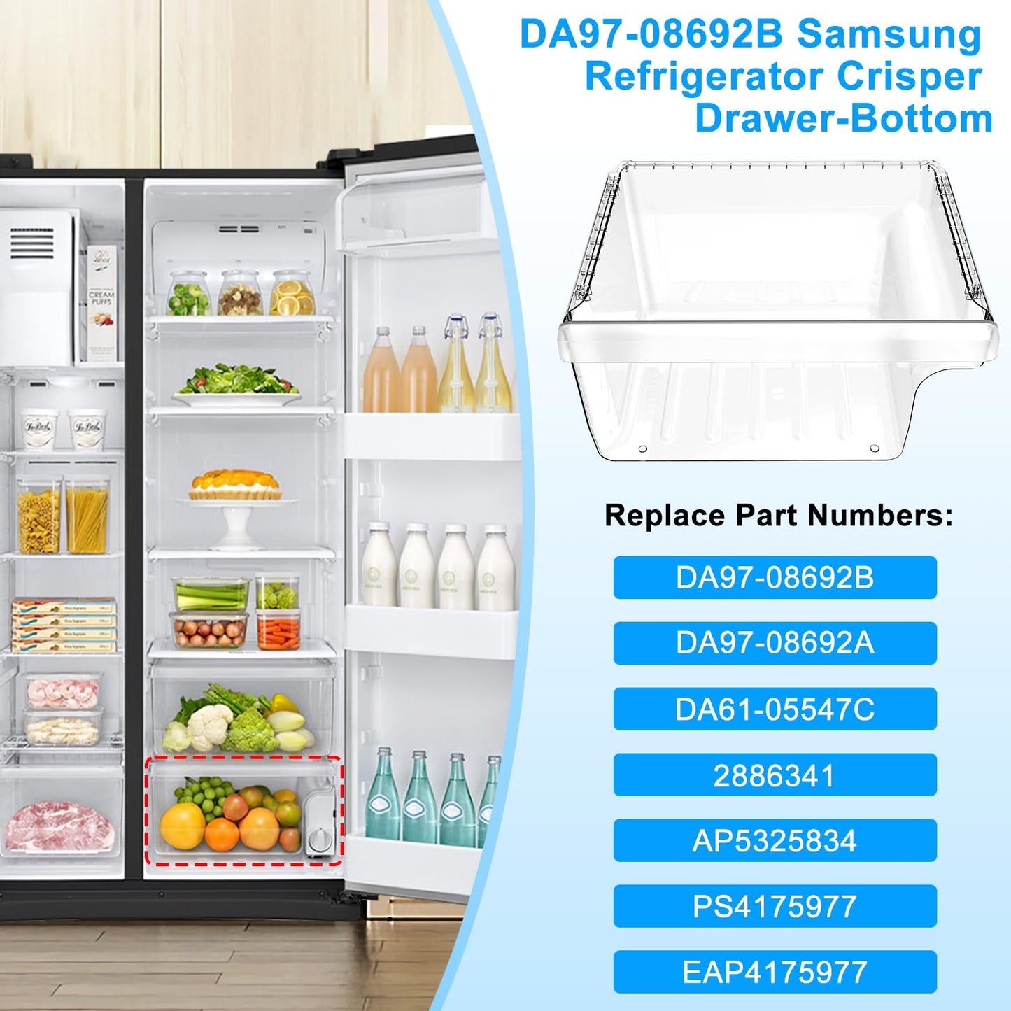UPGRADED DA97-08692B Refrigerator Crisper Drawer Bin Compatible with Samsung Refrigerator Drawer Replacement RS25J500DSR RS25J500DSG RS25H5000SR DA97-08692A for Samsung Fridge Drawer Bottom
