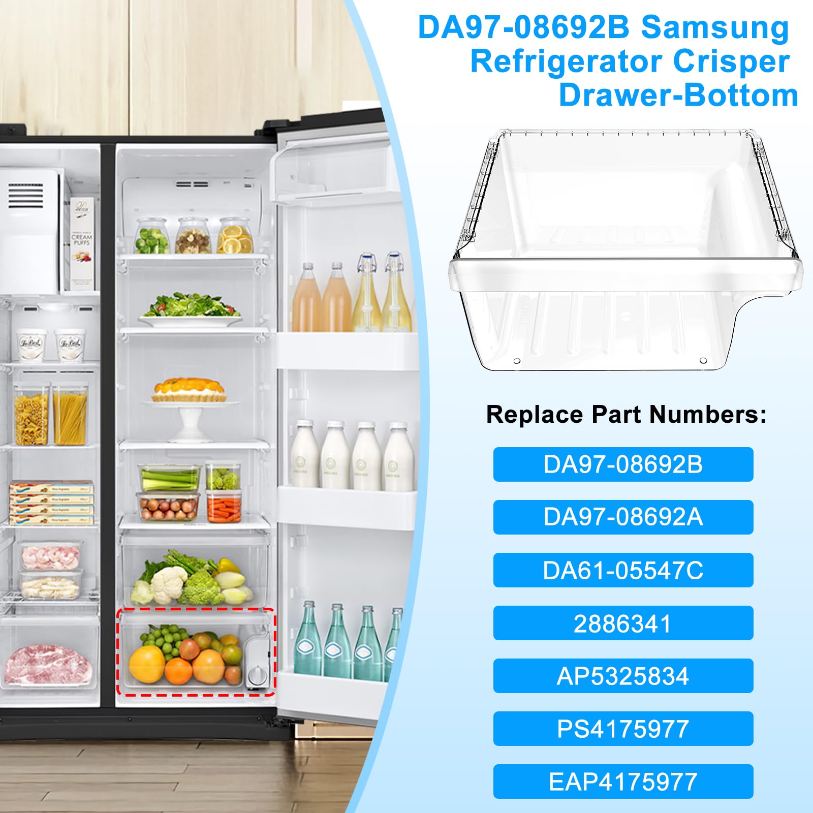 UPGRADED DA97-08692B Refrigerator Crisper Drawer Bin Compatible with Samsung Refrigerator Drawer Replacement RS25J500DSR RS25J500DSG RS25H5000SR DA97-08692A for Samsung Fridge Drawer Bottom