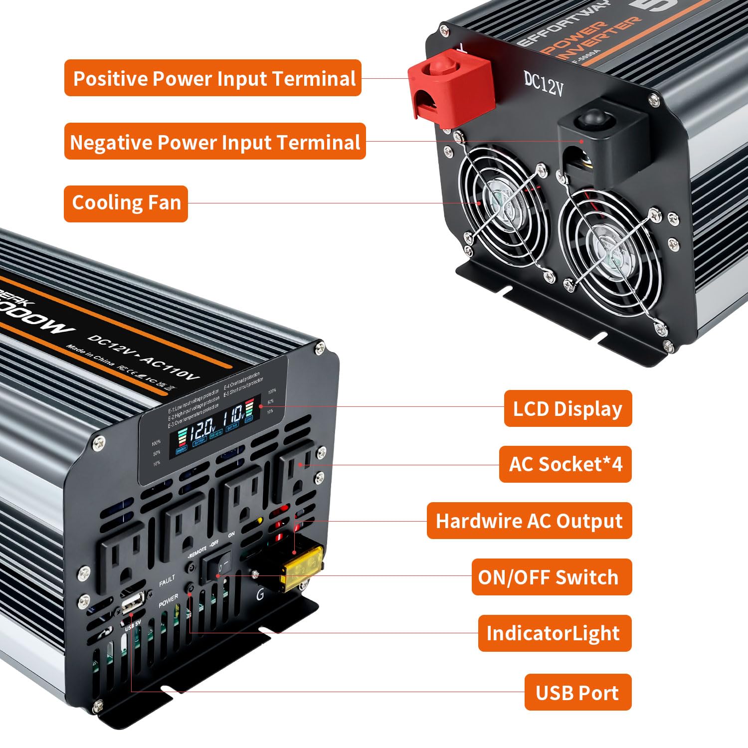 5000 watt Power Inverter DC 12V to AC 110V/120V Converter,10000w Peak.Comes with LCD Display,Wireless Controller, 4AC outlets,1USB.RV Inverter,Suitable for Camping,and Off-Grid Solar Inverter Systems