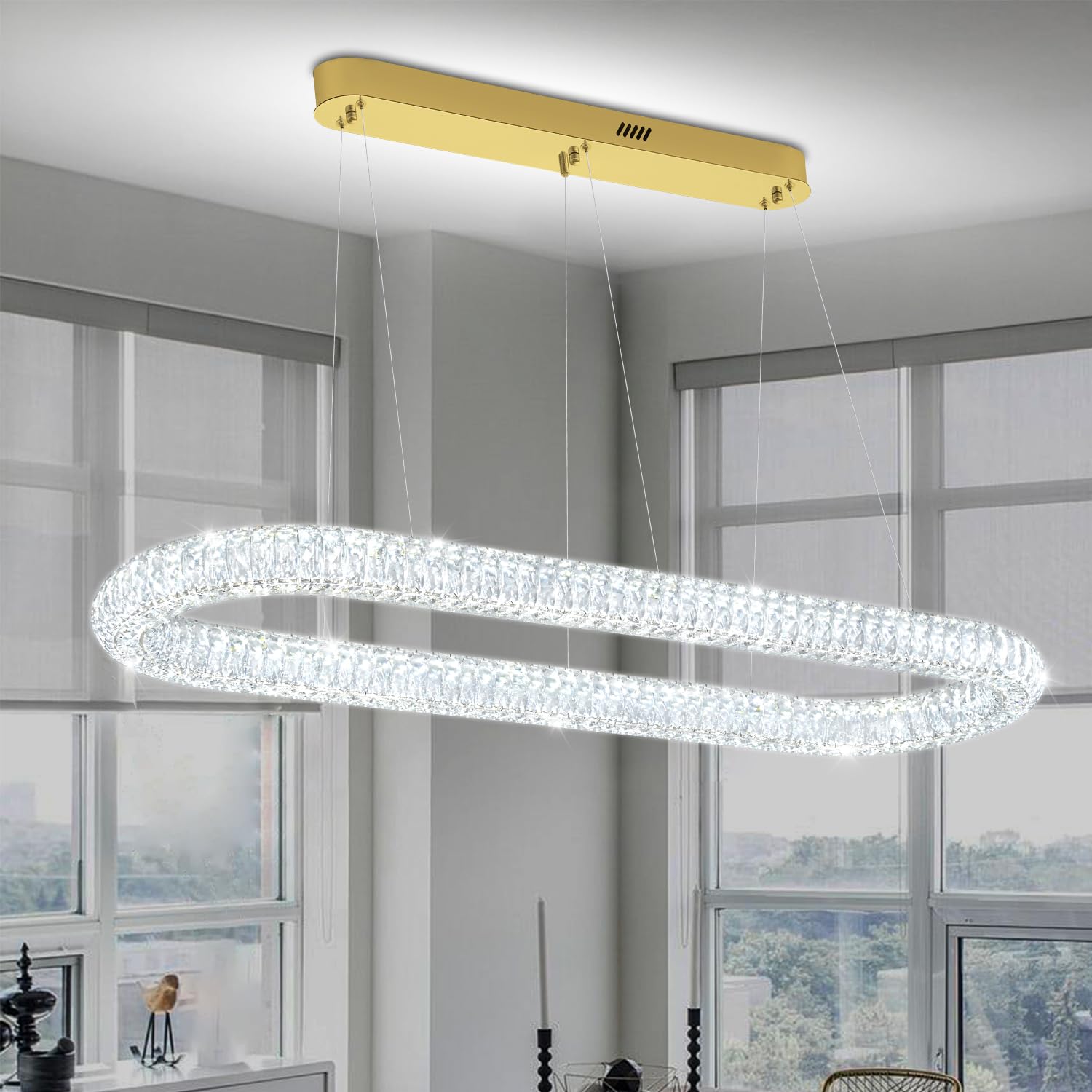 Oval Crystal Chandelier, 47.2'' Gold Crystal Ring Pendant Light for Kitchen Island Modern Linear Oval Chandeliers for Dining Room Dimmable 3000K-6000K