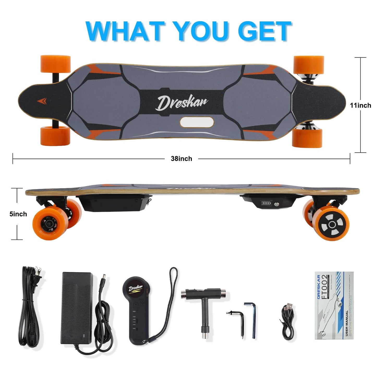 DresKar Electric Longboard for Adults, 25 Mph Top Speed, E-Skateboard,12.5 Miles Range, 900W Dual Motor,Electric Skateboard with Remote Control, Easy Carry Handle, 284 Lbs Max Load, PU Wheels