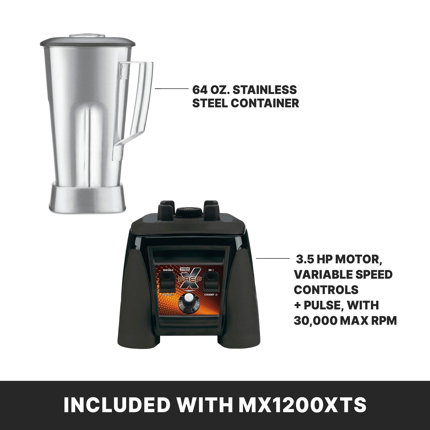 Waring Commercial MX1200XTS 3.5 HP Blender with Variable Speed Dial Speed Controls and a 64 oz. Stainless Steel Container, 120V, 5-15 Phase Plug