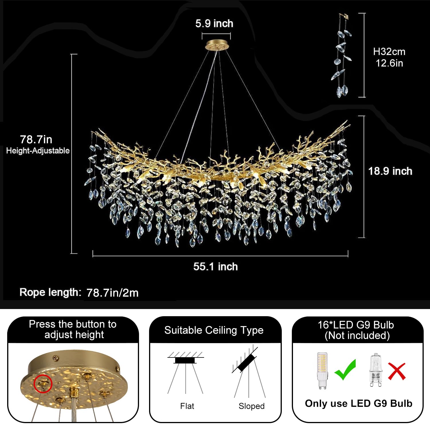 kvtinmty Modern Crystal Gold Chandelier, 55" Large Rectangular Oval Tree Branch Crystal Chandeliers for Dining Room,16-Light Flush Mount K9 Crystal Chandeliers, for Kitchen Island,Dining Room