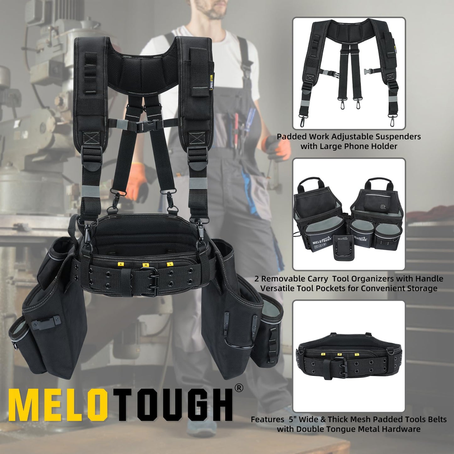 MELOTOUGH Carpenters Tool Belt with Suspenders Professional Tool Belt Combo Organizer With Tool Pouch Suspenders with 32 Pockets and Loops fits 32"-50"Waist for Electrican/Contractor/Technican/(Black)