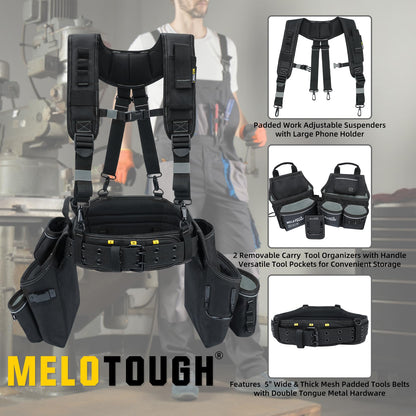 MELOTOUGH Carpenters Tool Belt with Suspenders Professional Tool Belt Combo Organizer With Tool Pouch Suspenders with 32 Pockets and Loops fits 32"-50"Waist for Electrican/Contractor/Technican/(Black)