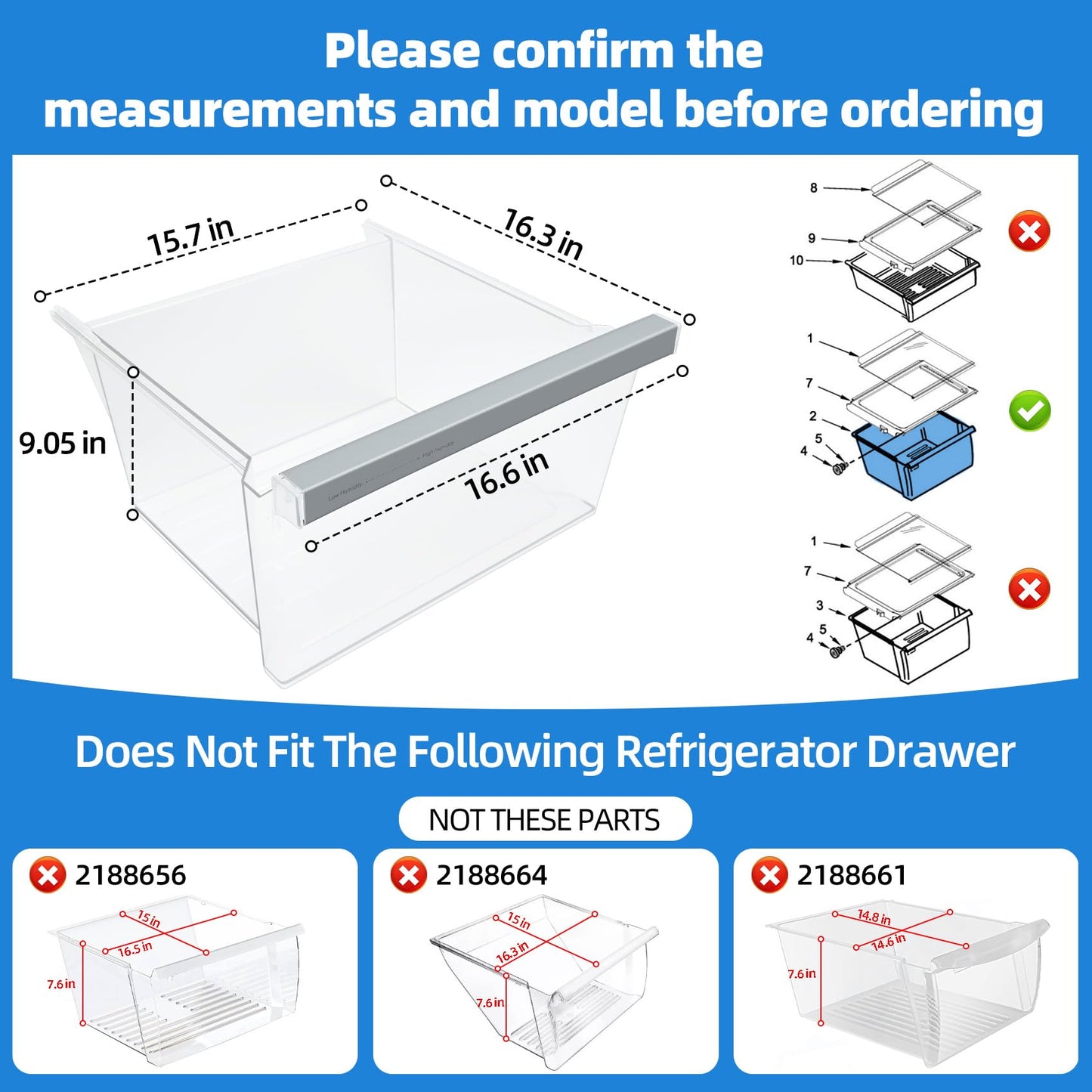 UPGRADED W11162443 Refrigerator Crisper Drawer Compatible with Whirlpool Crisper Drawer W11046494 Maytag Crisper Drawer Replacement WRS315SDHZ WRS321SDHZ WRS325SDHZ WRS315SDHM MSS25N4MKZ Upper Drawer
