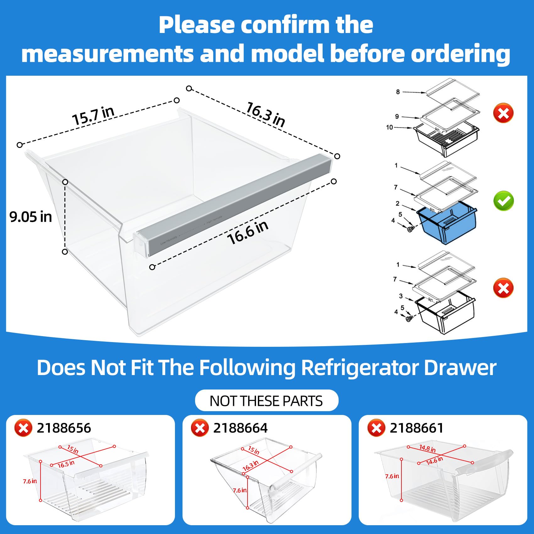 UPGRADED W11162443 Refrigerator Crisper Drawer Compatible with Whirlpool Crisper Drawer W11046494 Maytag Crisper Drawer Replacement WRS315SDHZ WRS321SDHZ WRS325SDHZ WRS315SDHM MSS25N4MKZ Upper Drawer