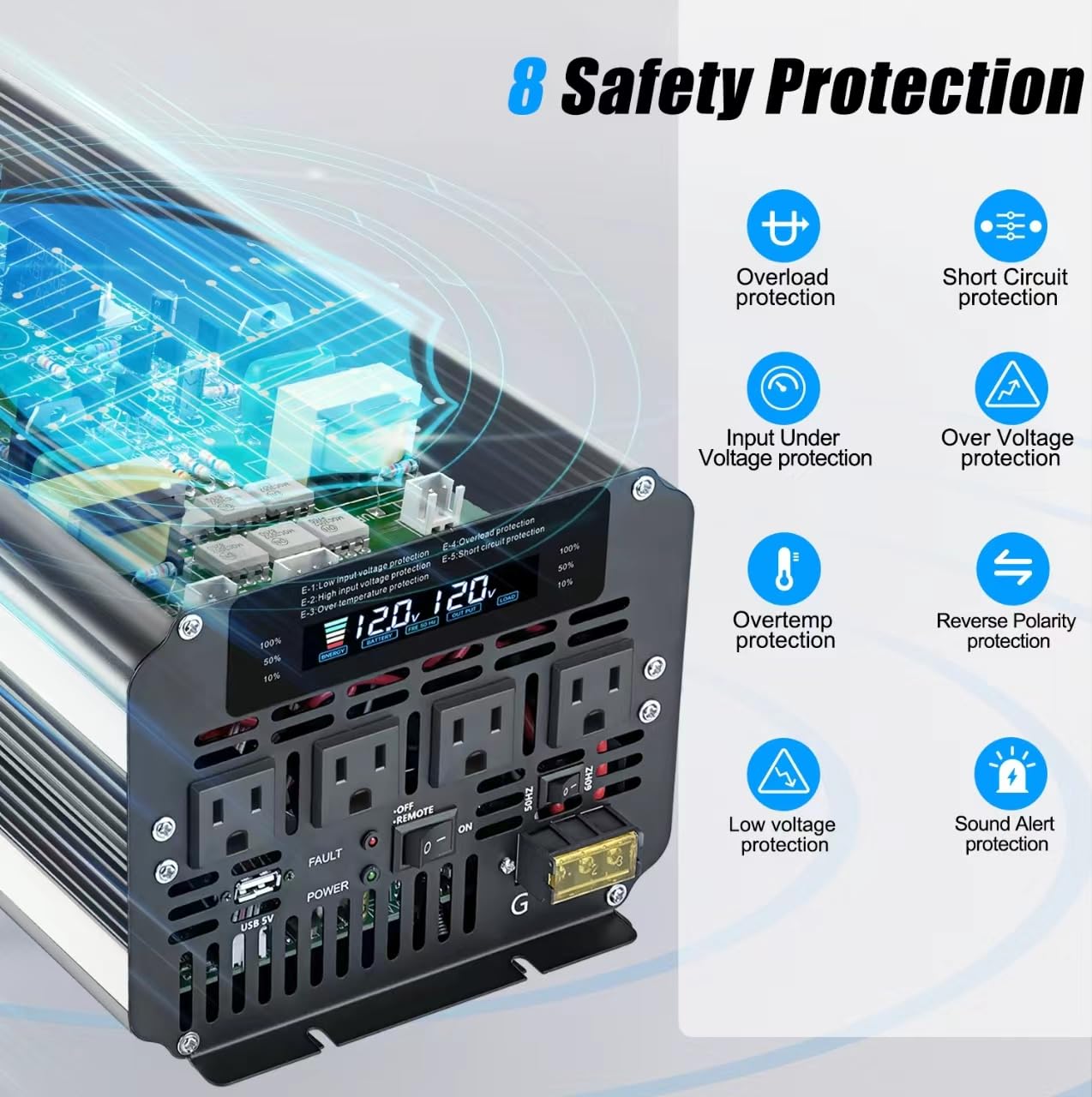 Cantonape 5000W 12V to 110V DC to AC Power Inverter with LCD Display, Remote Control and 4 Car AC Adapters for Car Truck Boat RV Off-Grid Solar System