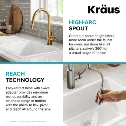 KRAUS Olettoâ„¢ Single Handle Pull Down Kitchen Faucet in Brushed Brass Finish