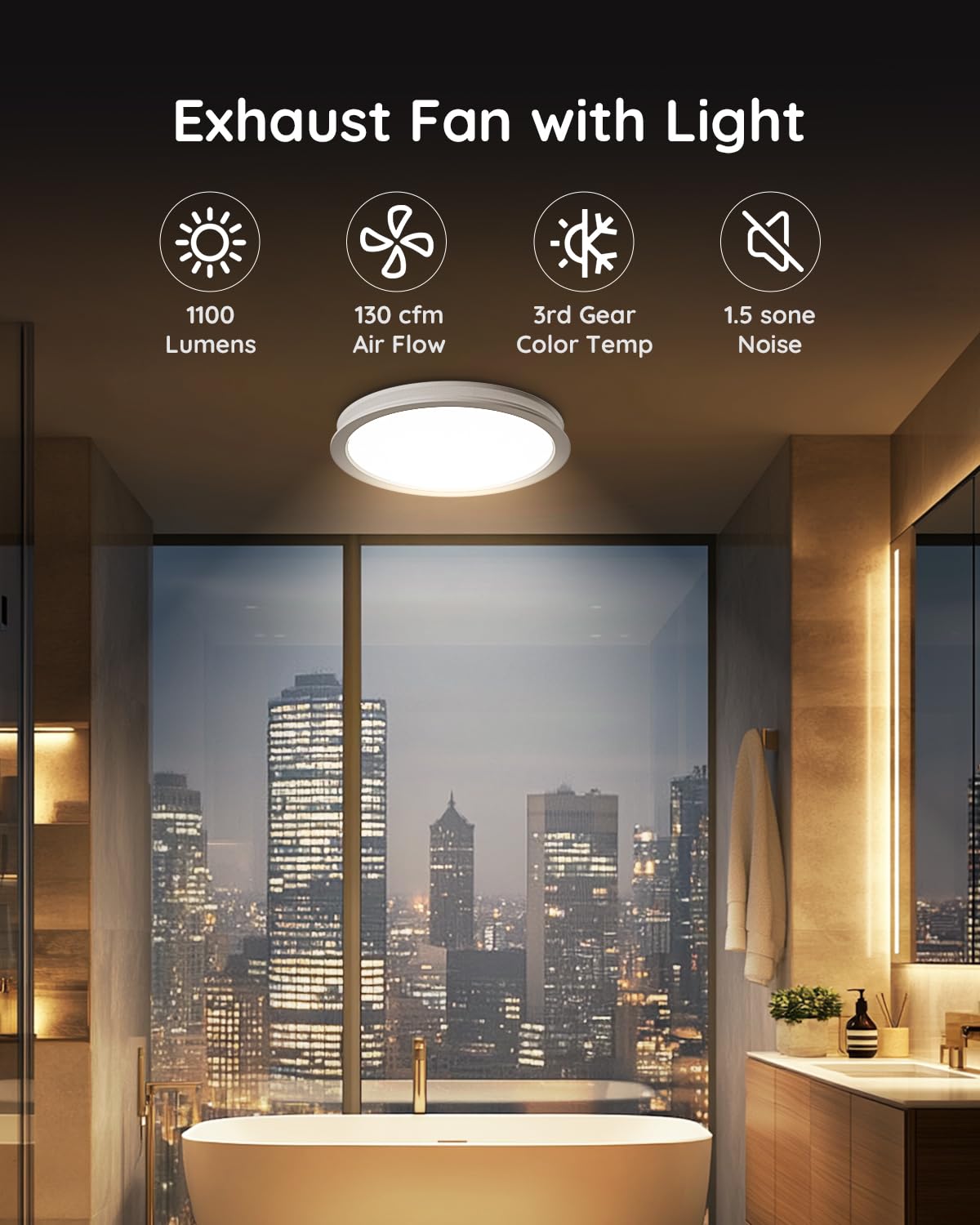 Fitop Bathroom Exhaust Fan with Light,130 CFM 47W Ceiling Mount Shower Ventilation Exhaust Fan, 1.5Sones Bathroom Vent Fan with Light, Fan 1100LM LED Light 3000K/4000K/5000K