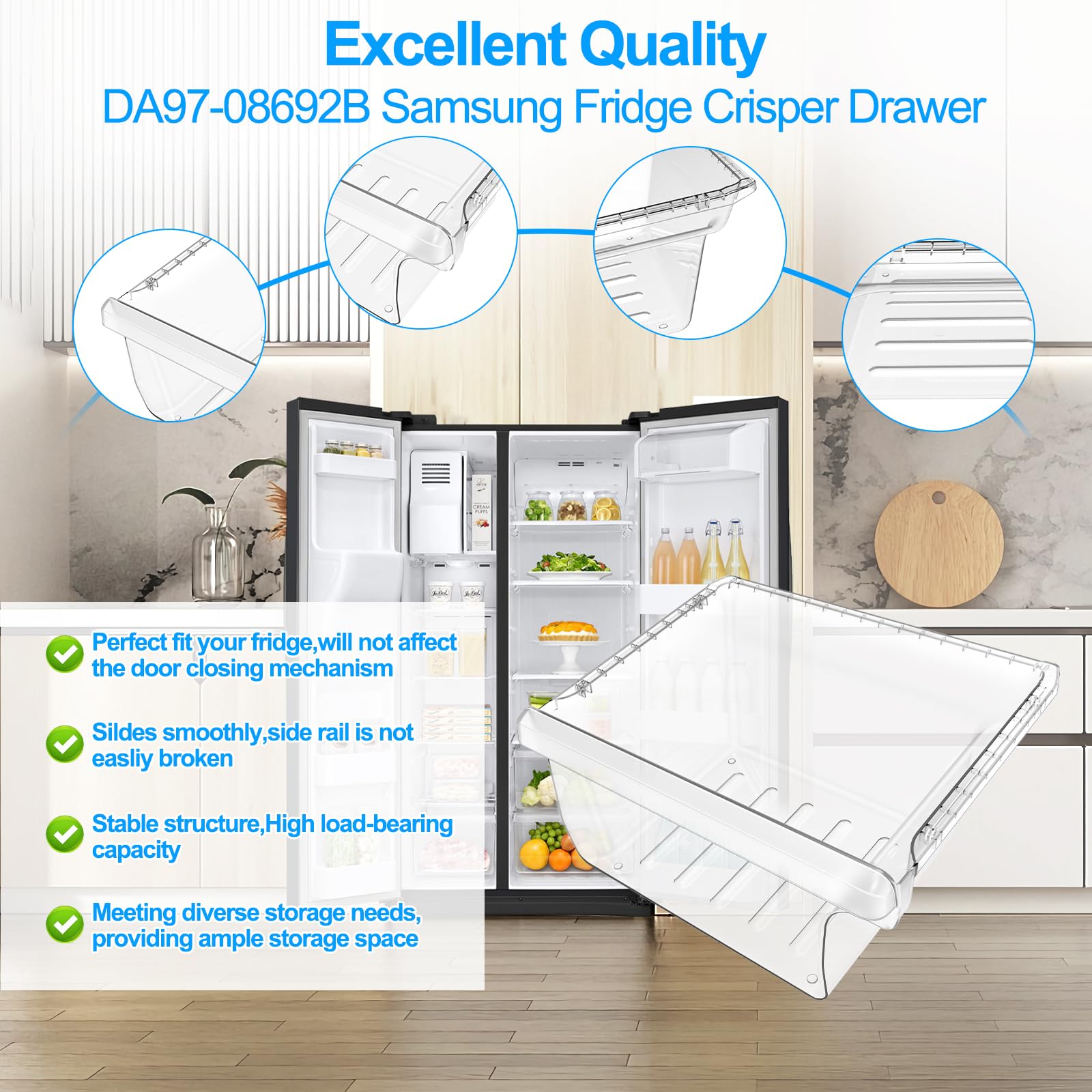 UPGRADED DA97-08692B Refrigerator Crisper Drawer Bin Compatible with Samsung Refrigerator Drawer Replacement RS25J500DSR RS25J500DSG RS25H5000SR DA97-08692A for Samsung Fridge Drawer Bottom
