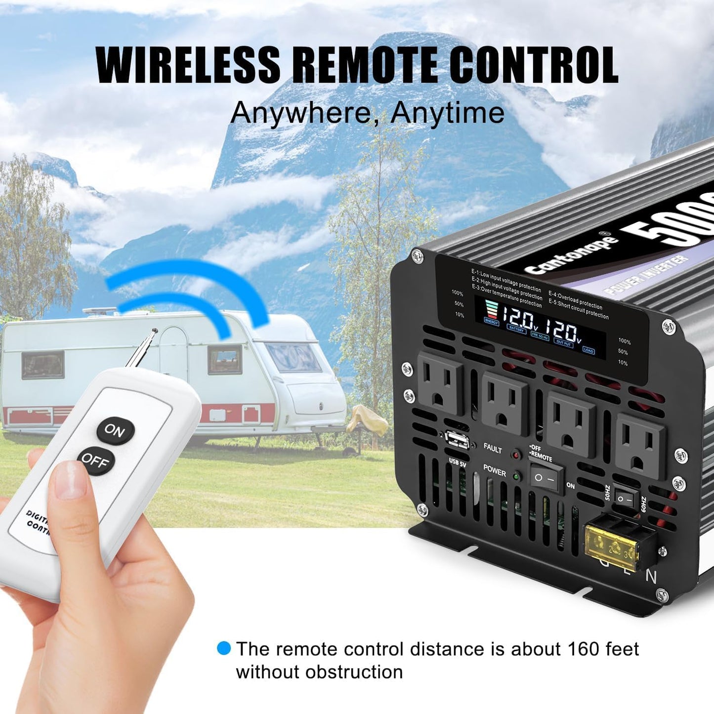 Cantonape 5000W 12V to 110V DC to AC Power Inverter with LCD Display, Remote Control and 4 Car AC Adapters for Car Truck Boat RV Off-Grid Solar System