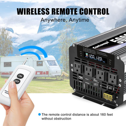 Cantonape 5000W 12V to 110V DC to AC Power Inverter with LCD Display, Remote Control and 4 Car AC Adapters for Car Truck Boat RV Off-Grid Solar System