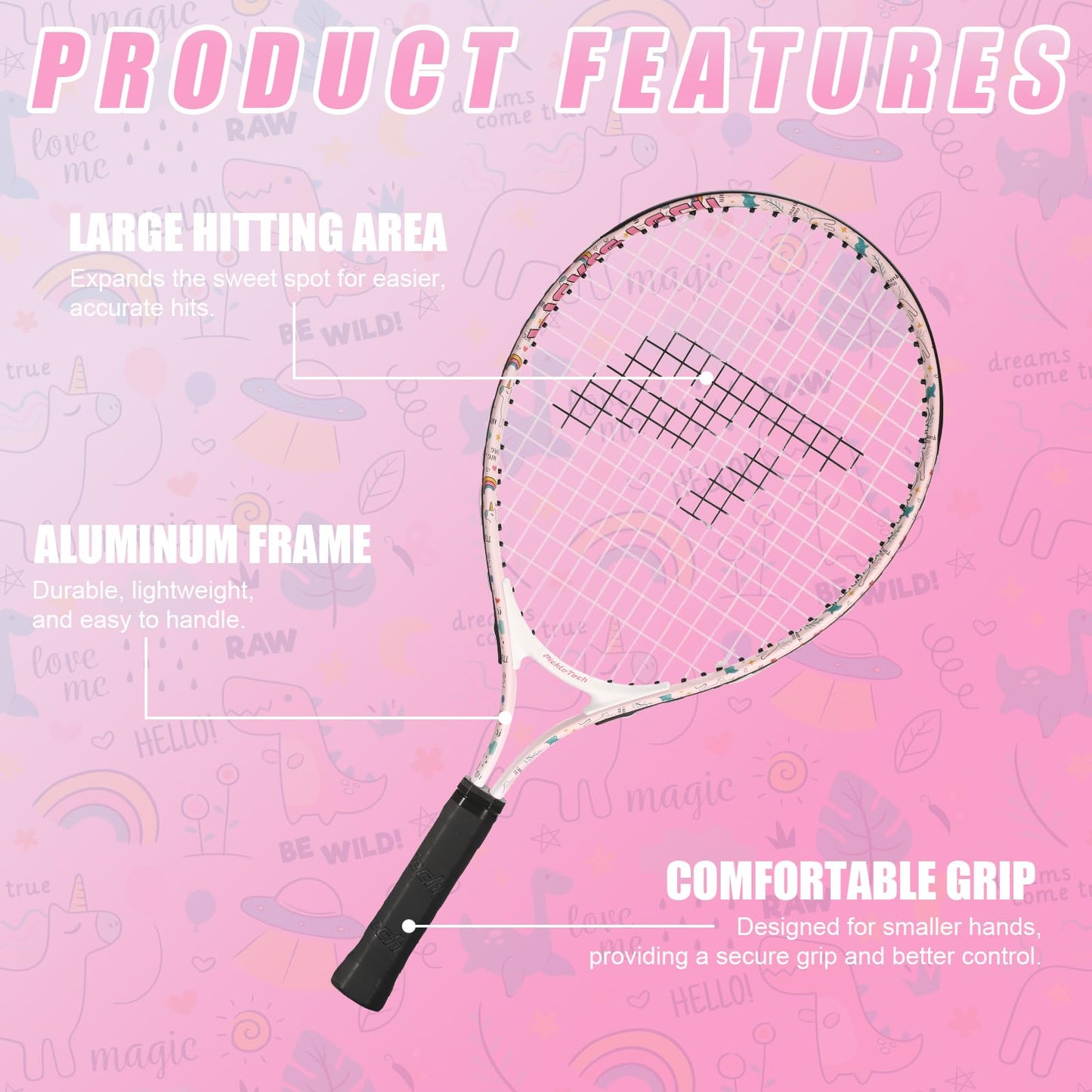 PickleTech Kids Tennis Racket - Toddler Tennis Racket, 17-25 inch Youth Tennis Racquet for Ages 2-12, Unicorn Designs for Boys & Girls, Perfect for Beginners