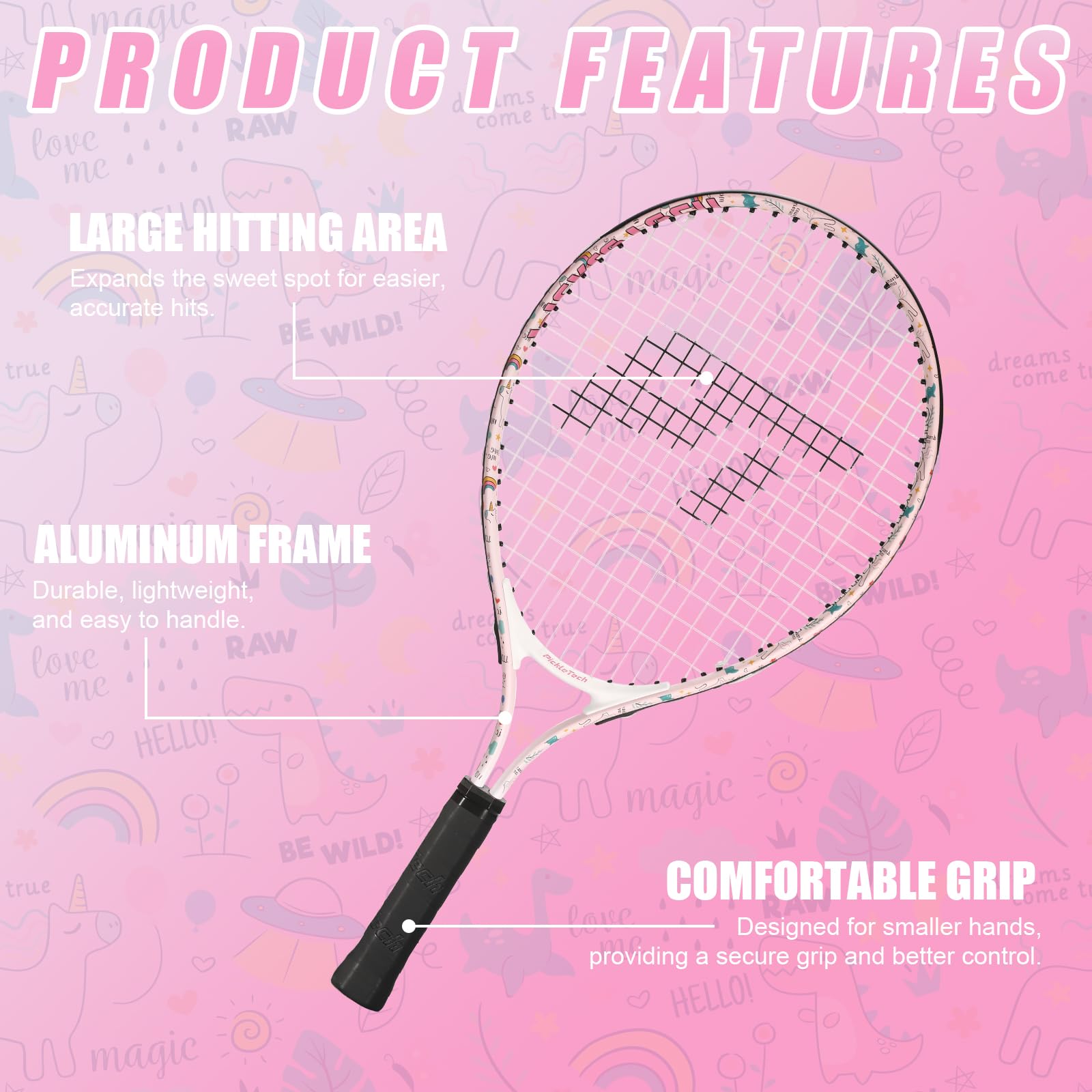 PickleTech Kids Tennis Racket - Toddler Tennis Racket, 17-25 inch Youth Tennis Racquet for Ages 2-12, Unicorn Designs for Boys & Girls, Perfect for Beginners