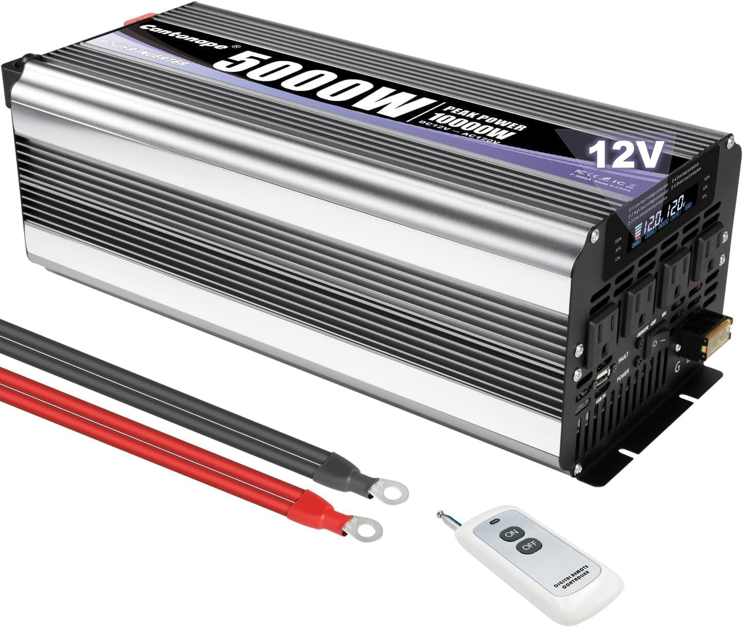 Cantonape 5000W 12V to 110V DC to AC Power Inverter with LCD Display, Remote Control and 4 Car AC Adapters for Car Truck Boat RV Off-Grid Solar System