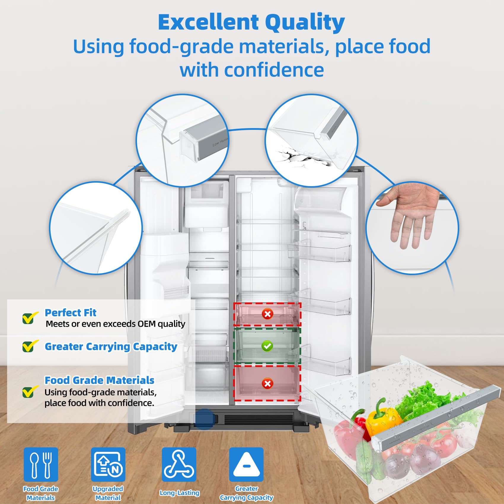 UPGRADED W11162443 Refrigerator Crisper Drawer Compatible with Whirlpool Crisper Drawer W11046494 Maytag Crisper Drawer Replacement WRS315SDHZ WRS321SDHZ WRS325SDHZ WRS315SDHM MSS25N4MKZ Upper Drawer