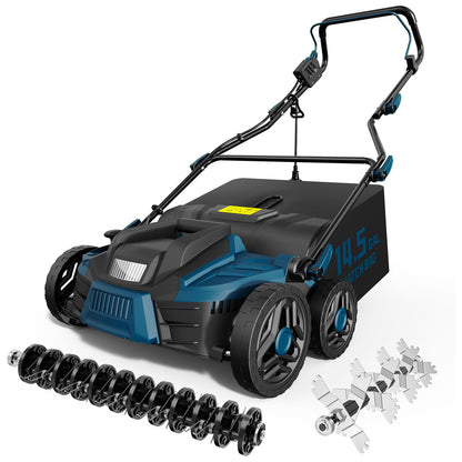 TIECTOWN 2025 Upgrade 16-Inch 15.5 Amp 2-in-1 Electric Dethatcher and Scarifier with 14.5-Gallon Collection Bag, Lawn Dethatcher with 5-Position Depth Adjustment, Keeps Lawn Healthy - Steel Blue