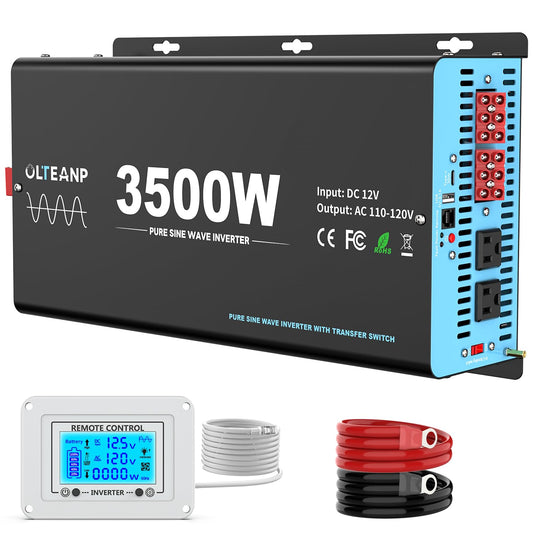 3500W Pure Sine Wave Inverter with Transfer Switch, 12V DC to 120V AC Converter with 2AC Outlets, USB Port, Type-C Port, Remote Controller, Power Inverter for RV, Outdoor, Auto Swtich to Shore Power