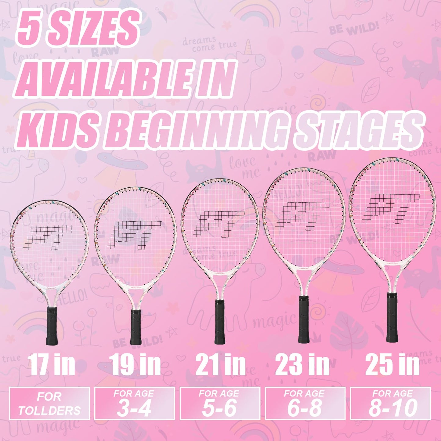 PickleTech Kids Tennis Racket - Toddler Tennis Racket, 17-25 inch Youth Tennis Racquet for Ages 2-12, Unicorn Designs for Boys & Girls, Perfect for Beginners