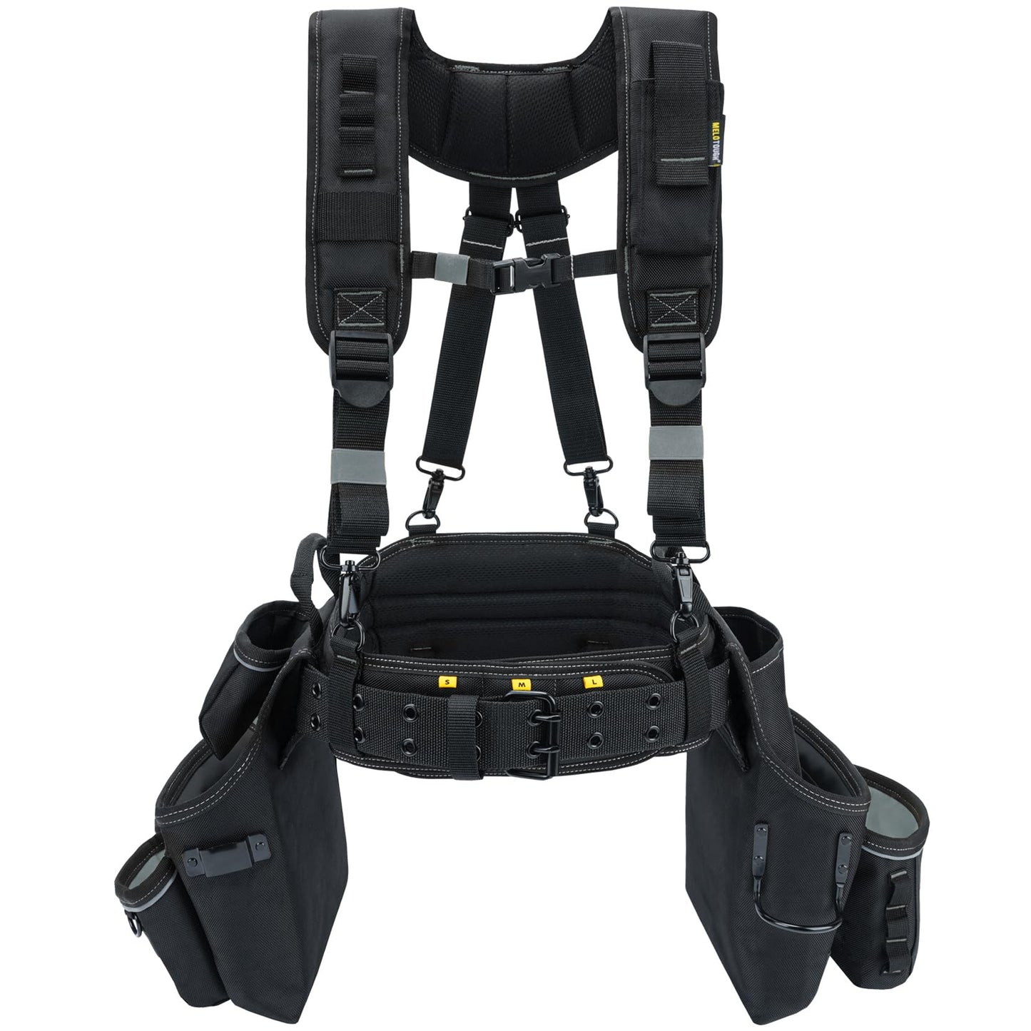 MELOTOUGH Carpenters Tool Belt with Suspenders Professional Tool Belt Combo Organizer With Tool Pouch Suspenders with 32 Pockets and Loops fits 32"-50"Waist for Electrican/Contractor/Technican/(Black)