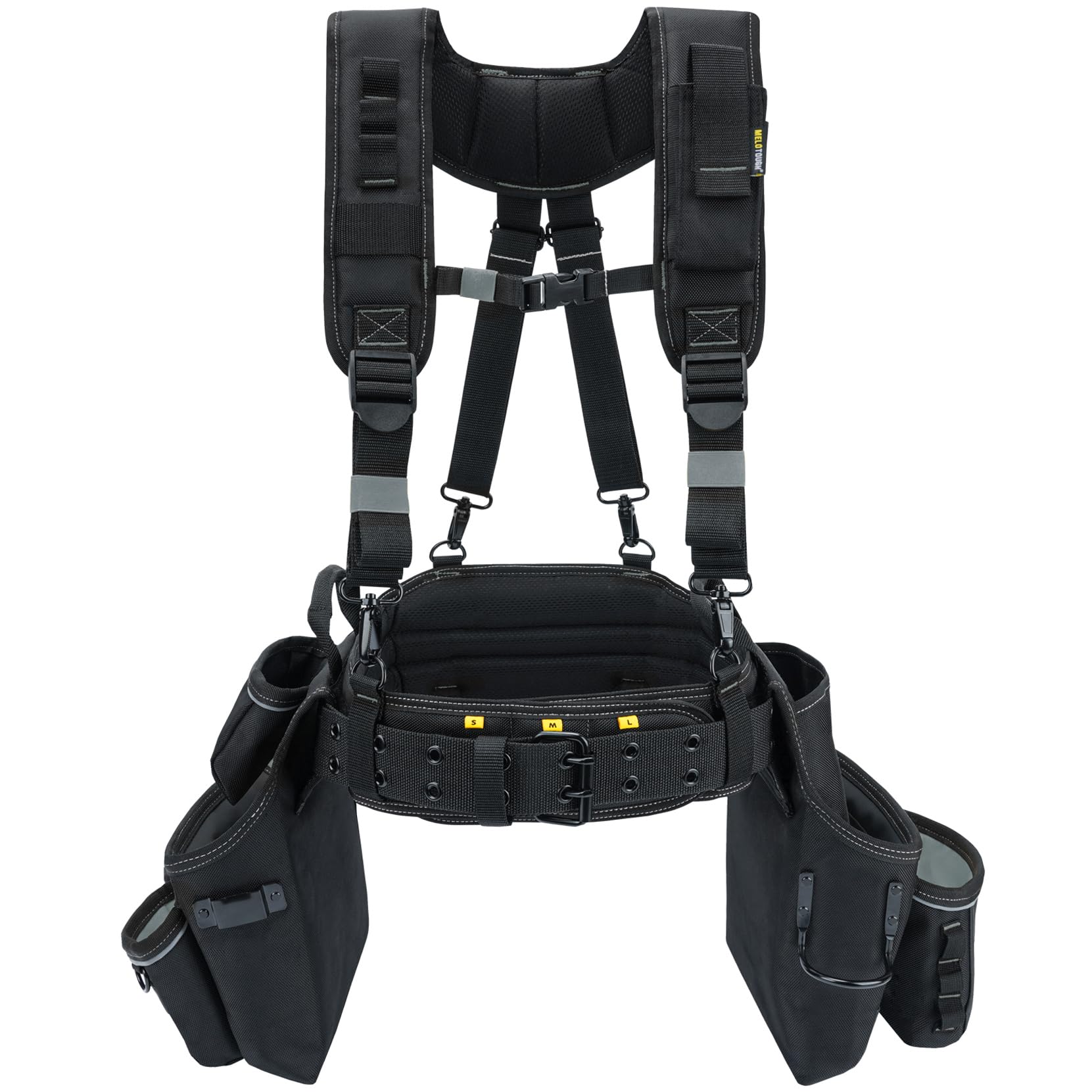 MELOTOUGH Carpenters Tool Belt with Suspenders Professional Tool Belt Combo Organizer With Tool Pouch Suspenders with 32 Pockets and Loops fits 32"-50"Waist for Electrican/Contractor/Technican/(Black)