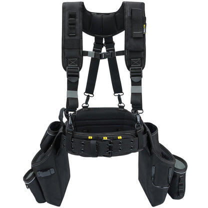 MELOTOUGH Carpenters Tool Belt with Suspenders Professional Tool Belt Combo Organizer With Tool Pouch Suspenders with 32 Pockets and Loops fits 32"-50"Waist for Electrican/Contractor/Technican/(Black)