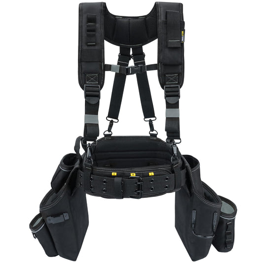 MELOTOUGH Carpenters Tool Belt with Suspenders Professional Tool Belt Combo Organizer With Tool Pouch Suspenders with 32 Pockets and Loops fits 32"-50"Waist for Electrican/Contractor/Technican/(Black)